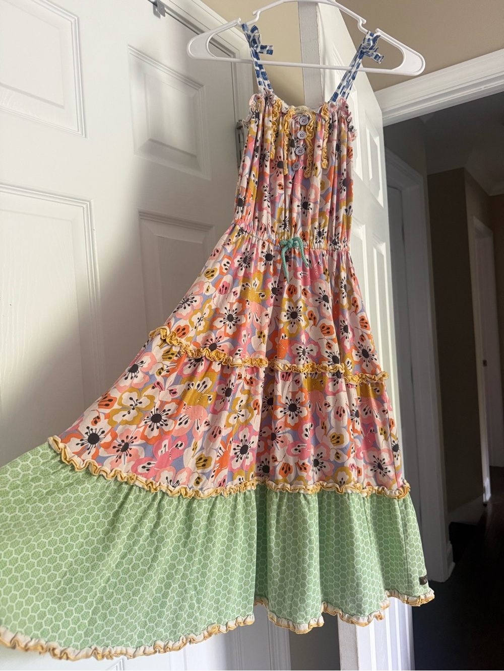 Matilda Jane Pink Floral Tiered Dress with Green Hem and Yellow Accents